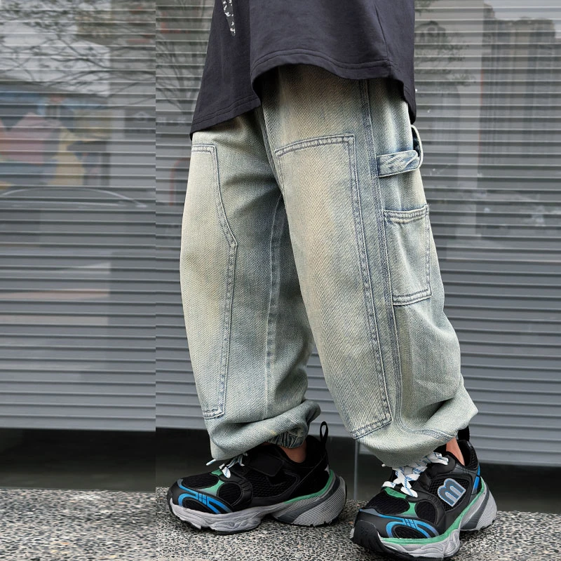 男童工装做旧牛仔裤红标休闲裤新款儿童薄长裤中大童装裤S6959