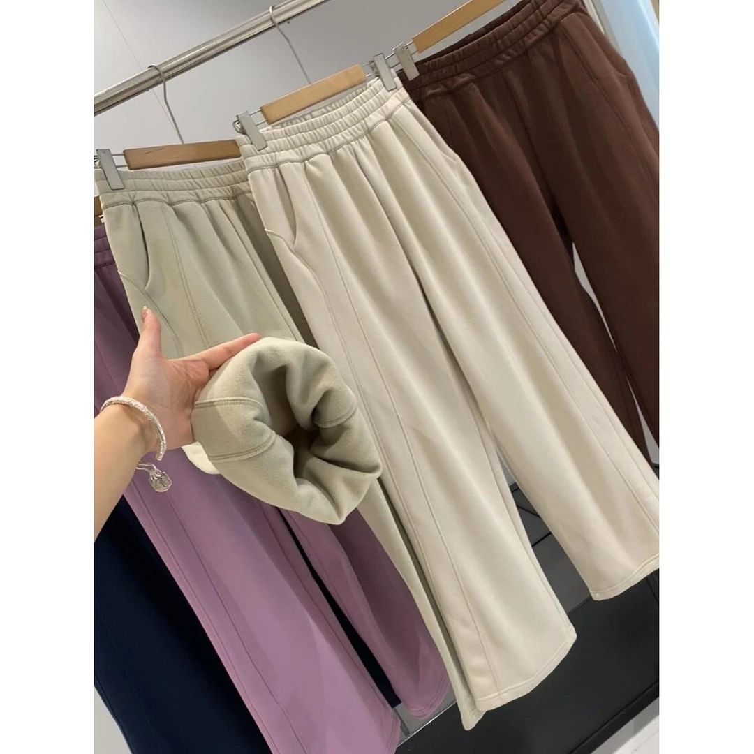 大码直筒卫裤女秋冬松紧腰加绒加厚窄版阔腿显瘦休闲长裤