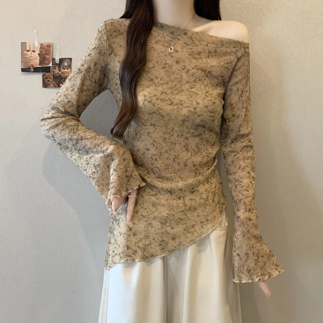 大码胖mm2025秋季新款时尚露肩不规则下摆长袖T恤遮肉显瘦上衣女