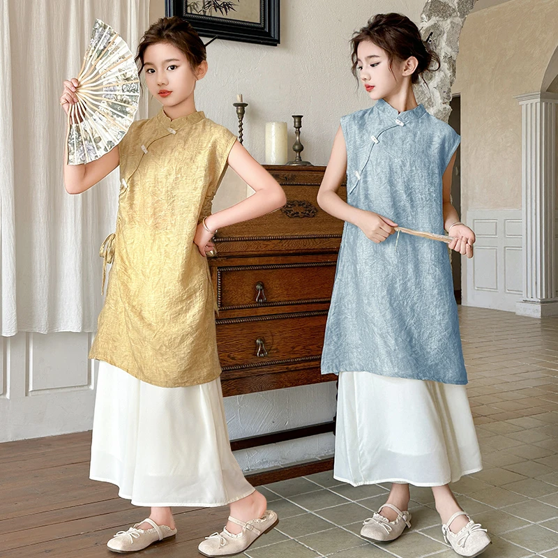 女童夏装套装2025新款儿童洋气国风汉服旗袍裙女孩夏季裙裤两件套