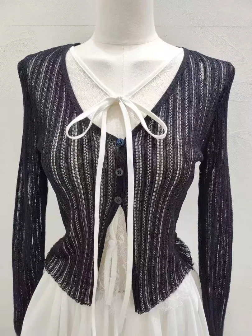 0941清 蕾丝拼接弹力开衫上衣