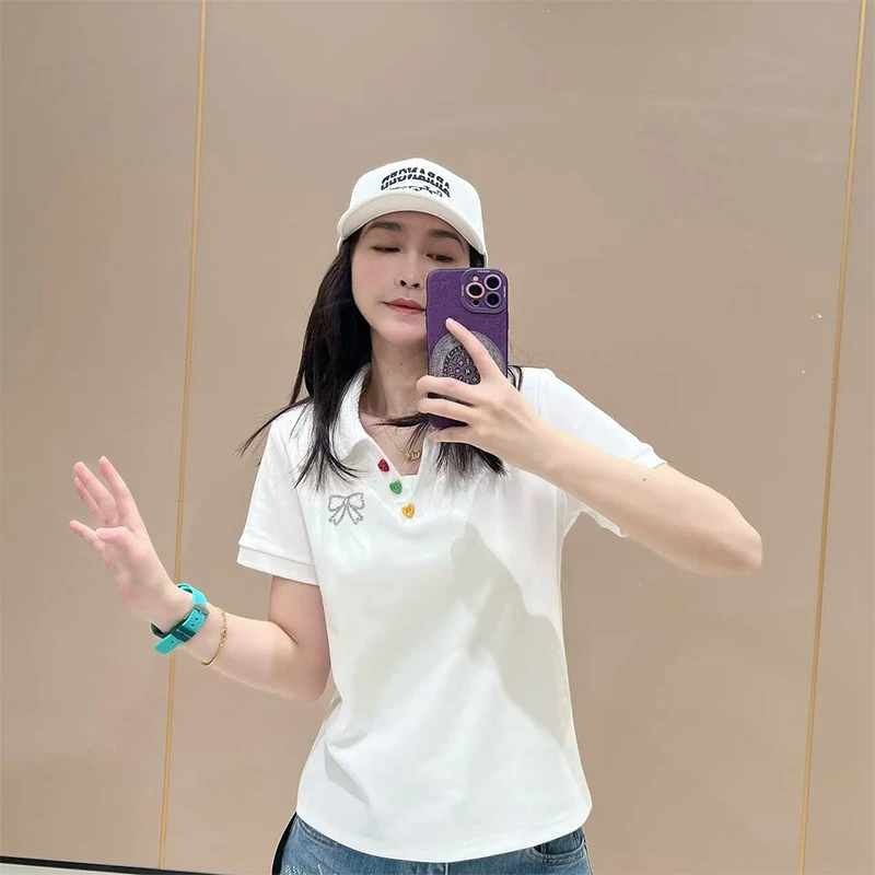 欧货蝴蝶结烫钻短袖POLO衫T恤女夏季2025年减龄打底纯色正肩上衣