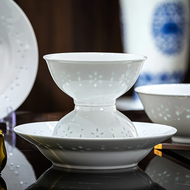 玉柏玲珑瓷银粟碗家用饭碗景德镇碗盘餐具一套家庭用乔迁高温陶瓷