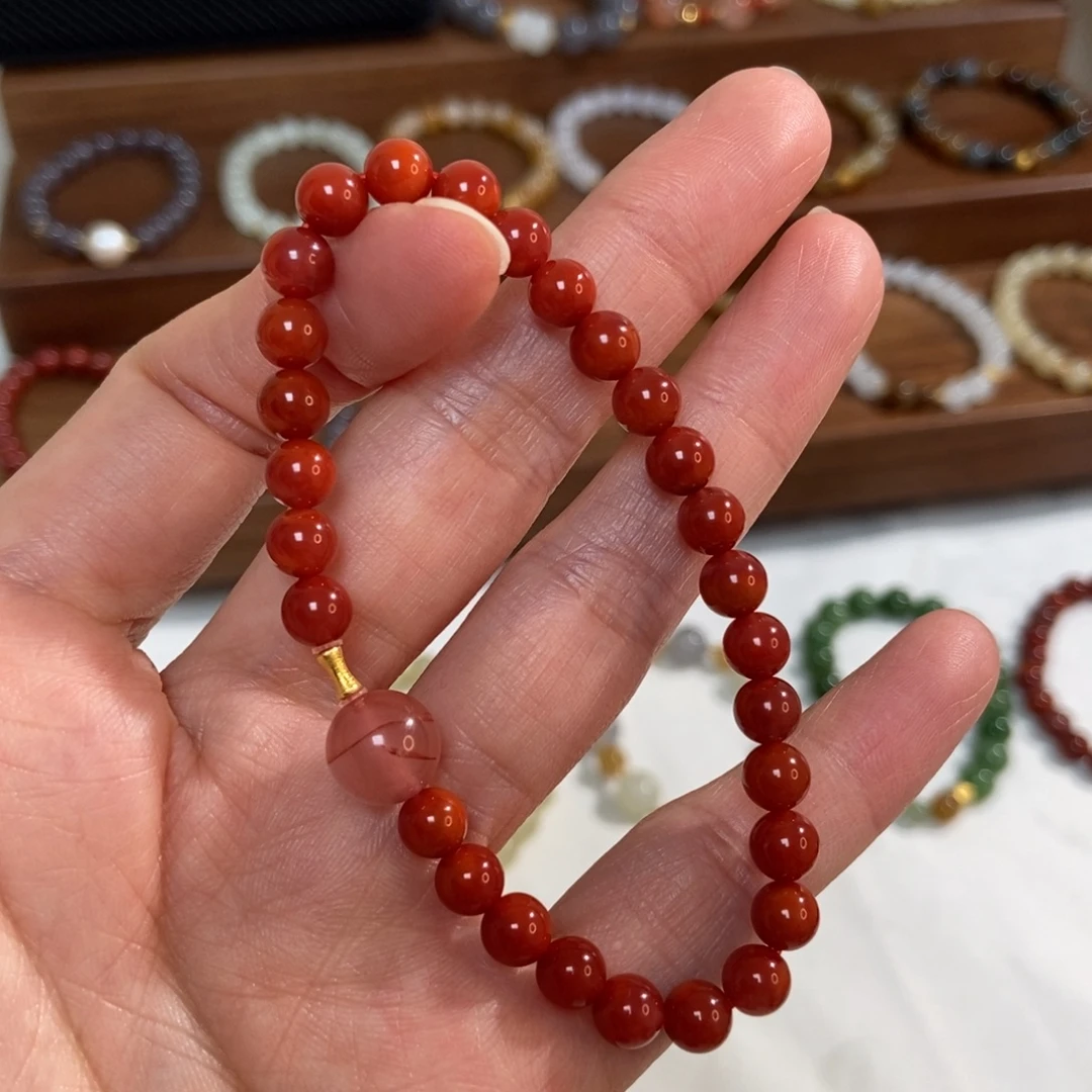 南红玛瑙18K金镶嵌手链6mm南红