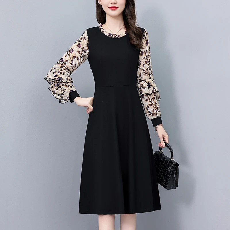 气质法式雪纺连衣裙2025春季新款大码胖mm修身显瘦印花假两件裙子