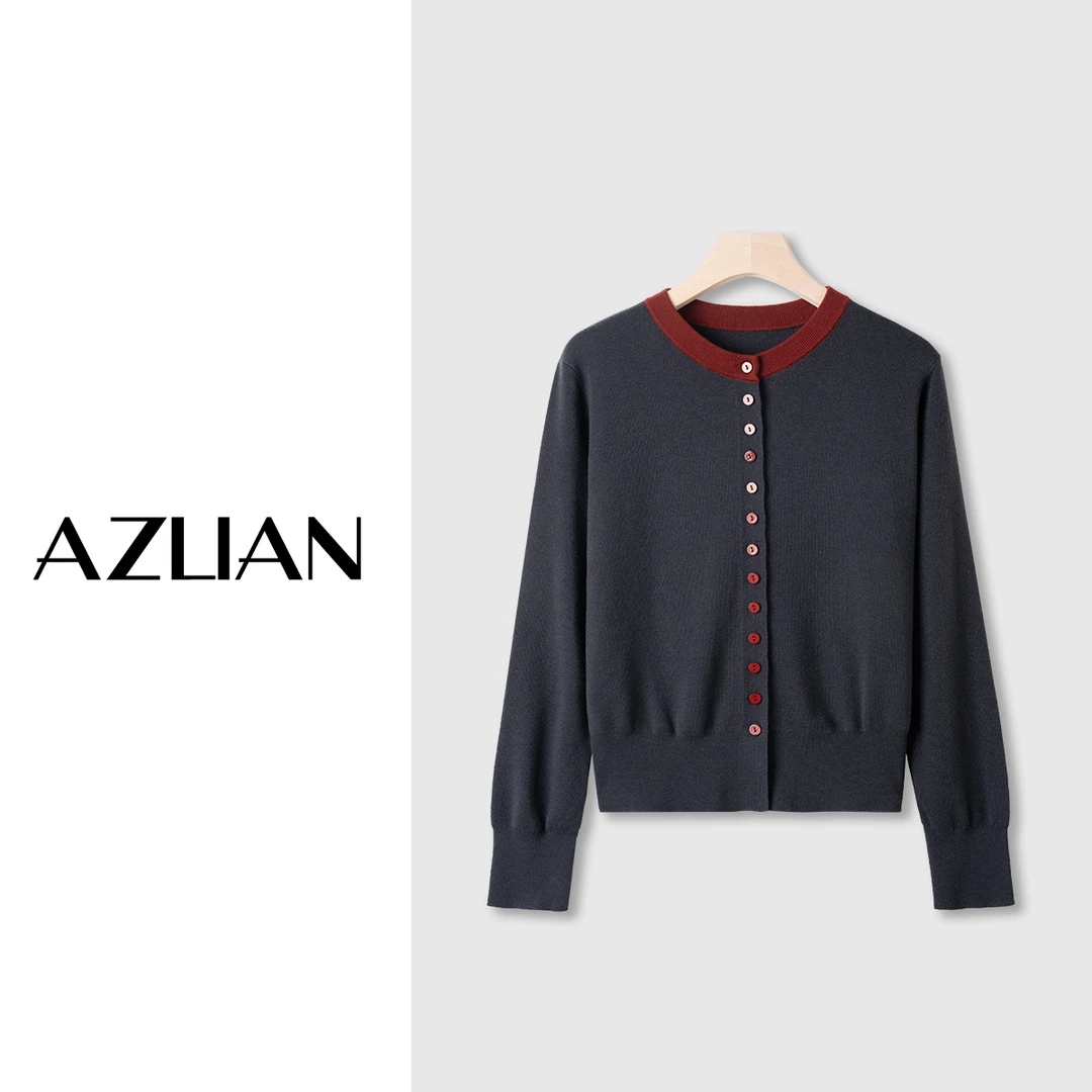 【悦悦定制】圆领长袖绵羊毛衫女春季排扣撞色针织开衫 PX-1815