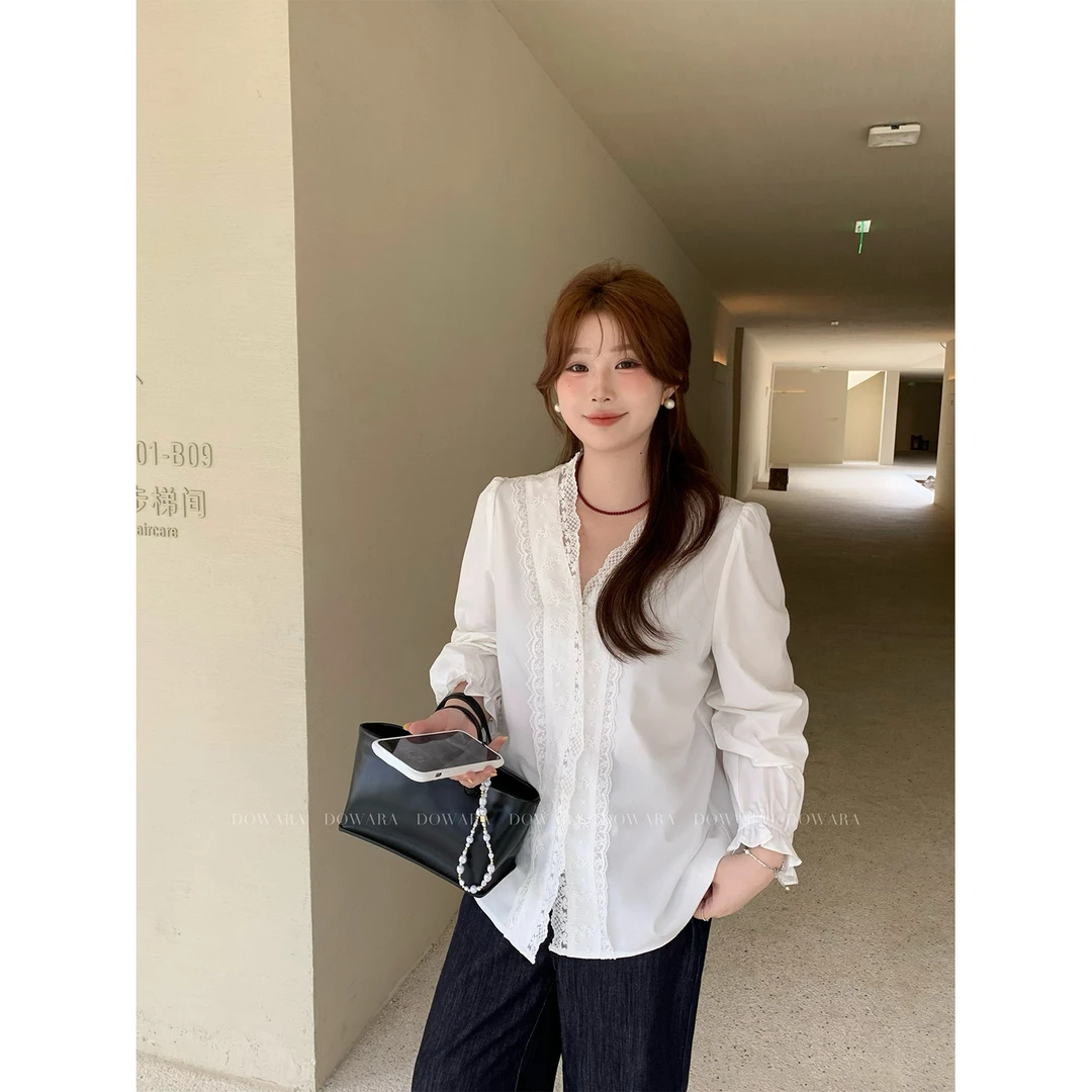 现货大婉酱微胖定制莱赛尔小香风洋气蕾丝衬衫春季气质上衣 7862D