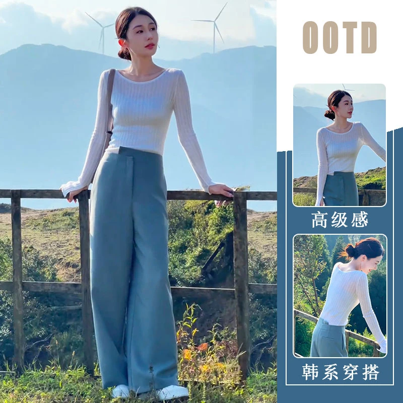 秋季法式别致时尚圆领长袖上衣+百搭错位设计阔腿裤休闲两件套女