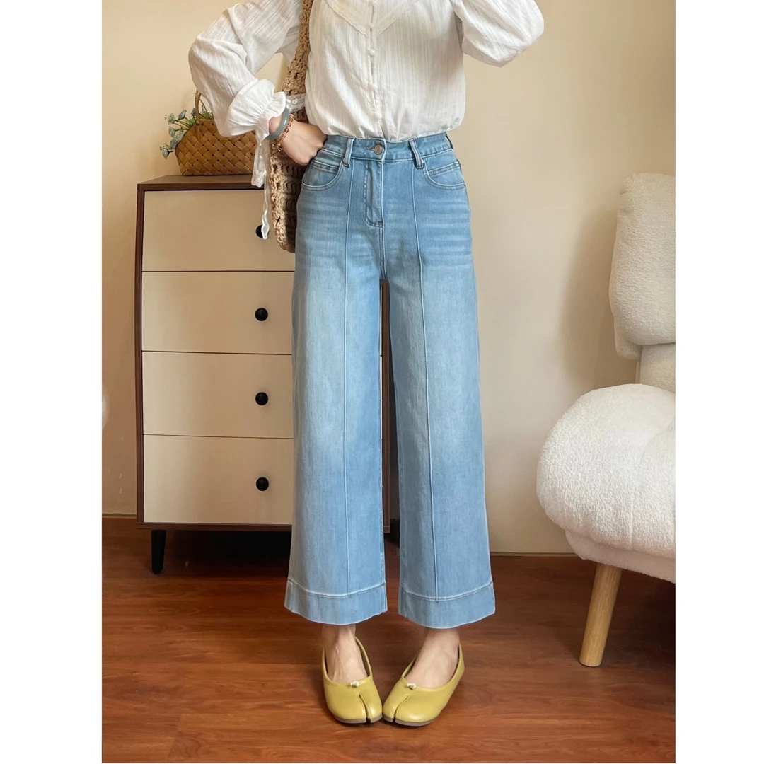 浅蓝色九分裤直筒牛仔裤女微胖大码梨形身材宽松显瘦遮胯洋气高腰