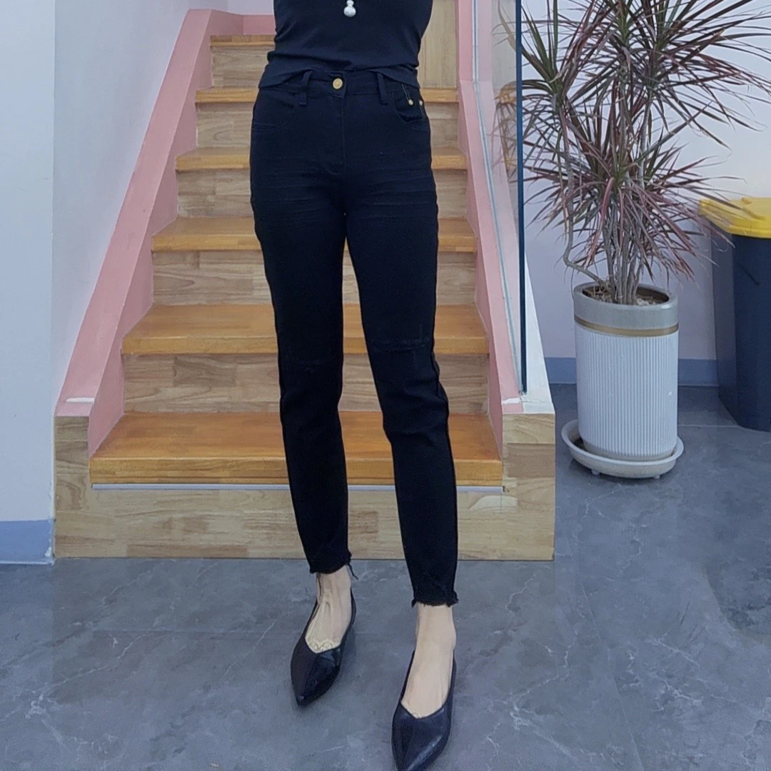 琦琦家春季高腰显瘦百搭假破洞烟管裤【257133】