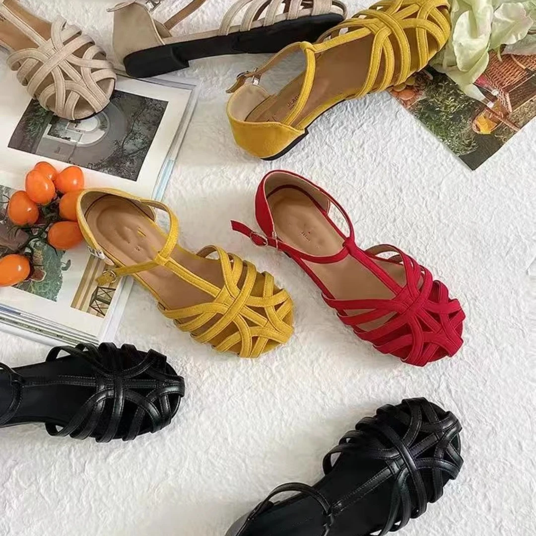软底法式复古编织包头凉鞋女时尚2025勃肯仙女风平底孕妇罗马鞋潮