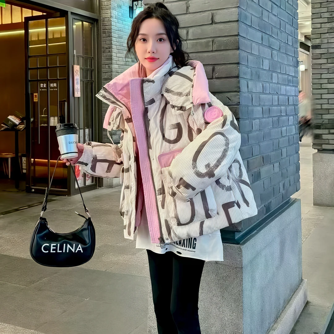 欧货洋气印花高端休闲羽绒服女2024冬季新款设计感连帽短款外套