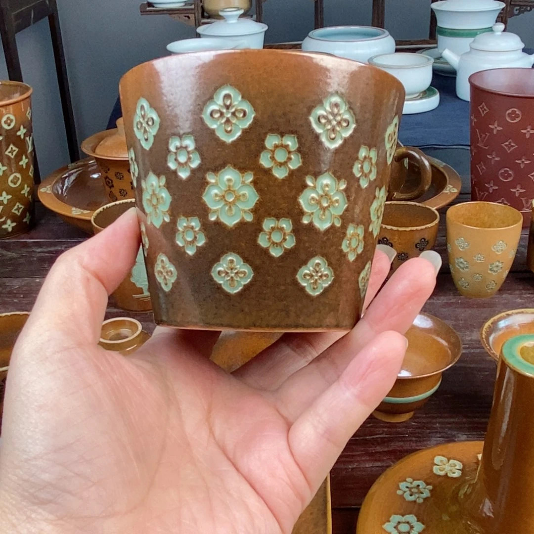 朱砂胎草木灰宝相花纹 小可乐杯 牛奶杯