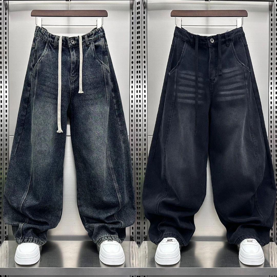秋冬加绒加厚男士牛仔裤水洗美式休闲风男款宽松直筒牛仔裤阔腿裤