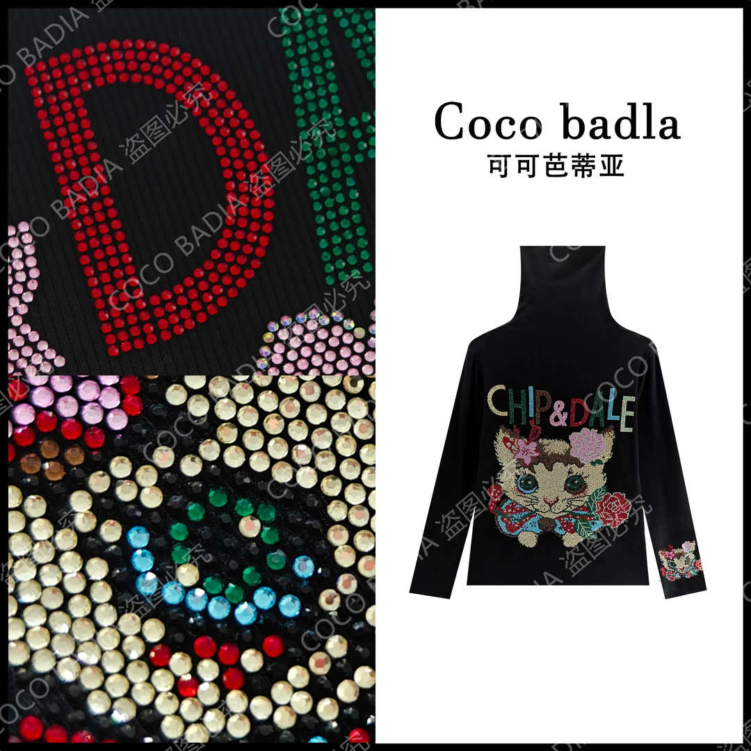 2024&秋冬季新款重工花猫烫钻高领长袖黑色休闲百搭打底DD1218