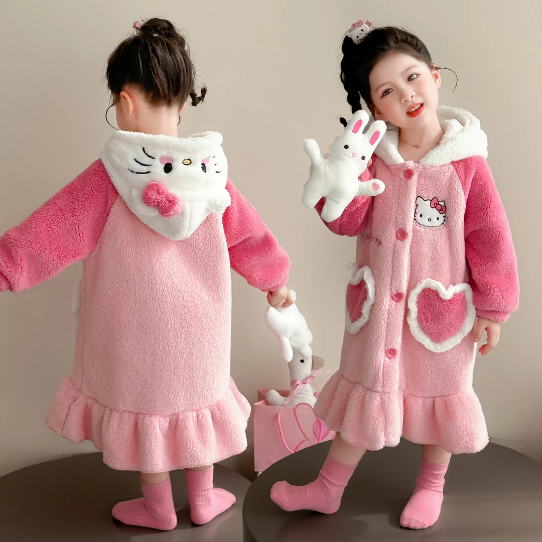 女童睡袍2025新款秋冬款儿童珊瑚绒睡衣加厚女宝宝家居袍连帽冬装