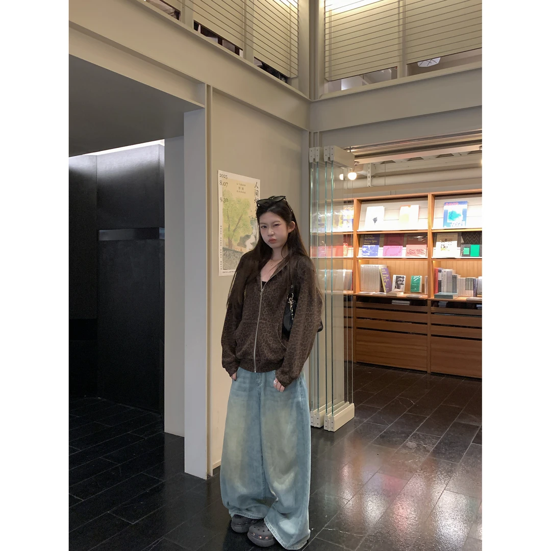 美式复古 早秋连帽拉链个性豹纹休闲卫衣外套女长袖上衣慵懒松弛