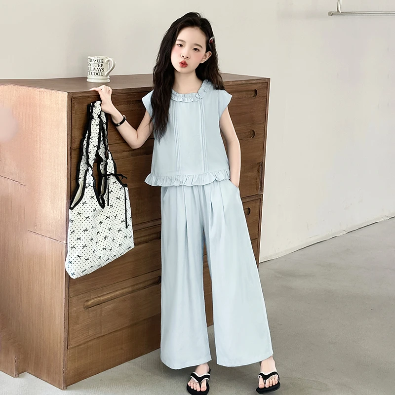 女童夏季休闲套装2025新款中大童洋气女孩花边无袖阔腿裤两件套