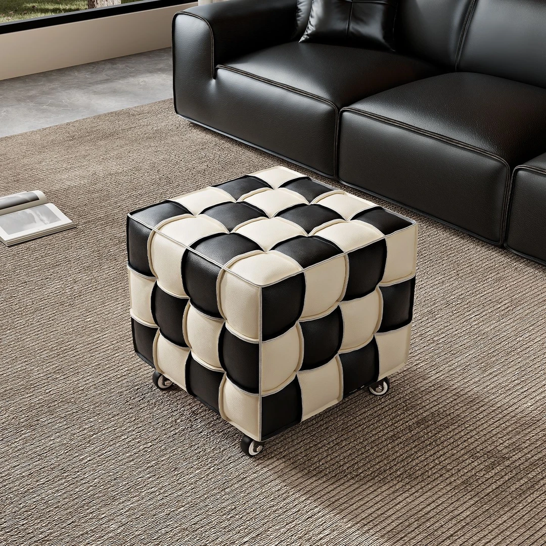 【工厂直销】头层牛皮客厅半轻奢真皮魔方凳沙发脚踏凳家用换鞋凳
