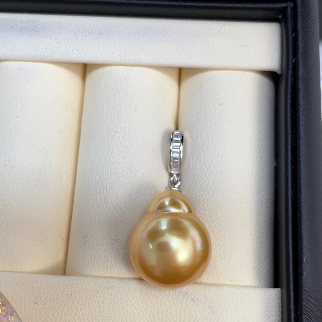 定制海水珍珠裸珠银S925镶嵌14.1mm南洋金珠