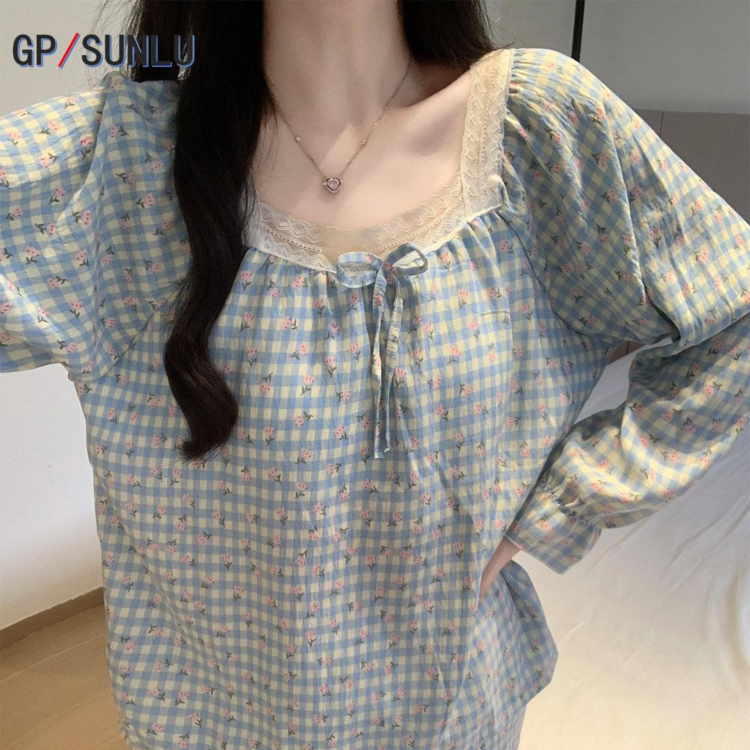 日本小众GP带胸垫格子碎花睡衣女春秋款日系性感可爱花边长袖长裤