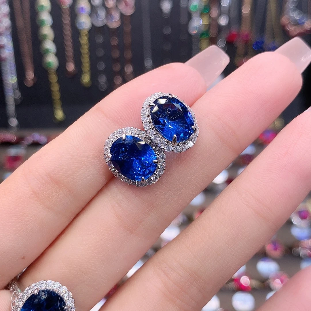 蓝宝石耳饰银S925镶嵌矢车菊810白