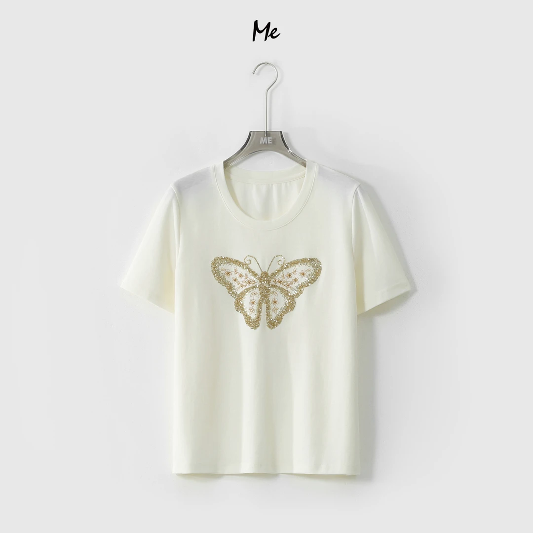 ME【金蝴蝶T】奢牌感钉珠亮片显瘦舒适百搭休闲短袖T恤MESS4194