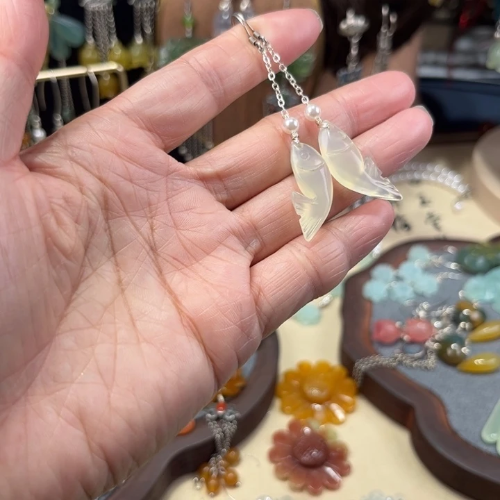 蛇纹石玉银S925镶嵌耳饰