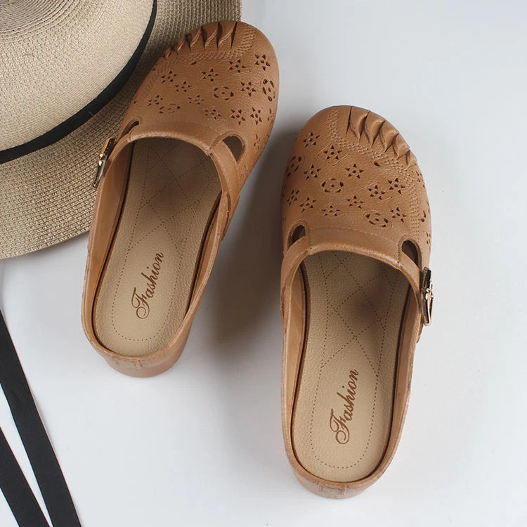 新款防滑女士外夏季妈妈拖鞋包头平底复古软底洞洞家居包头鞋渔网
