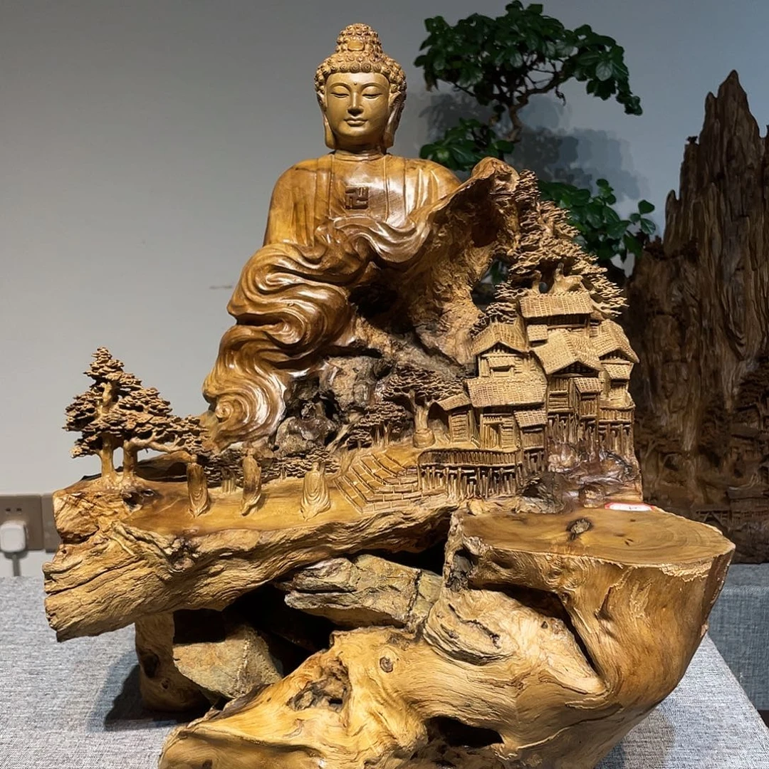 用***1楠木抱石山水佛工艺品