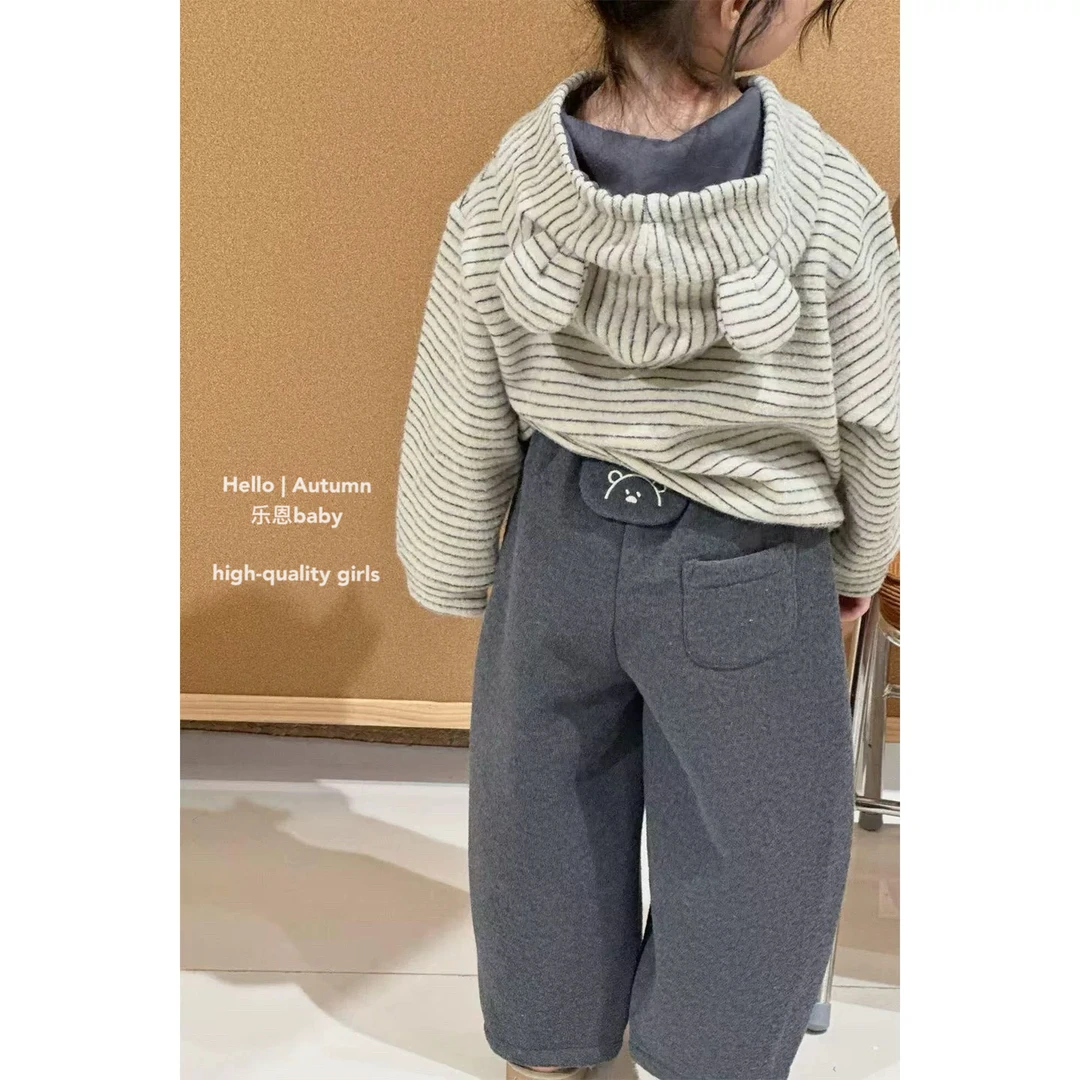 【乐恩童装】原创设计秋冬女童条纹连帽卫衣小熊阔腿裤韩版两件套