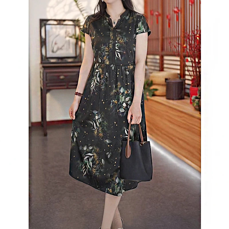 【林寒涧肃】25新款桑蚕丝连衣裙轻奢气质印花法式优雅收腰裙12468