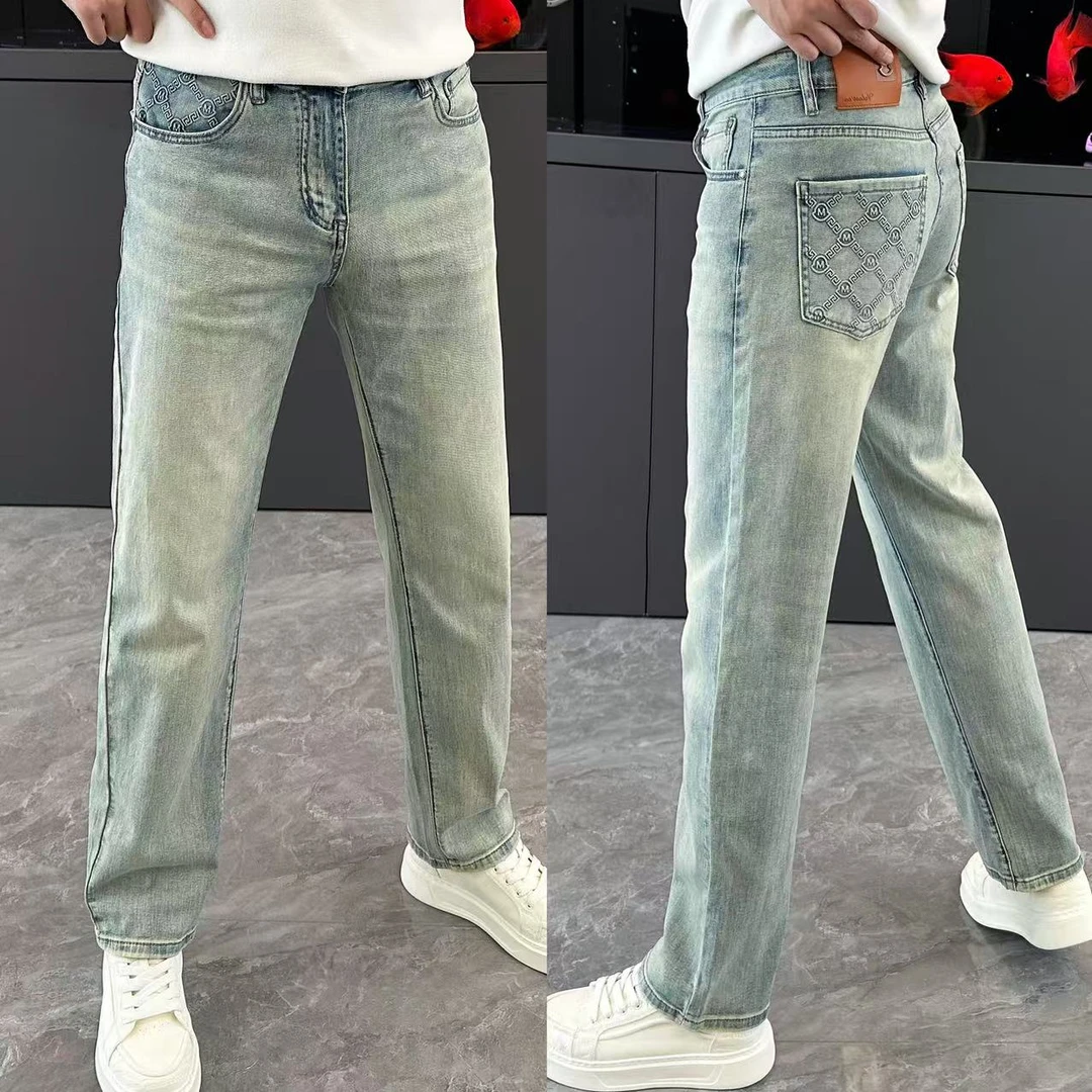 男裤浅色水洗牛仔裤男时尚潮流印花直筒裤修身显瘦男士牛仔裤百搭