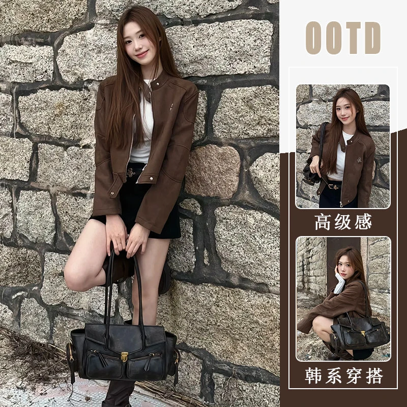 美拉德复古高级感咖色长袖外套上衣女秋冬款黑色短款半身裙两件套