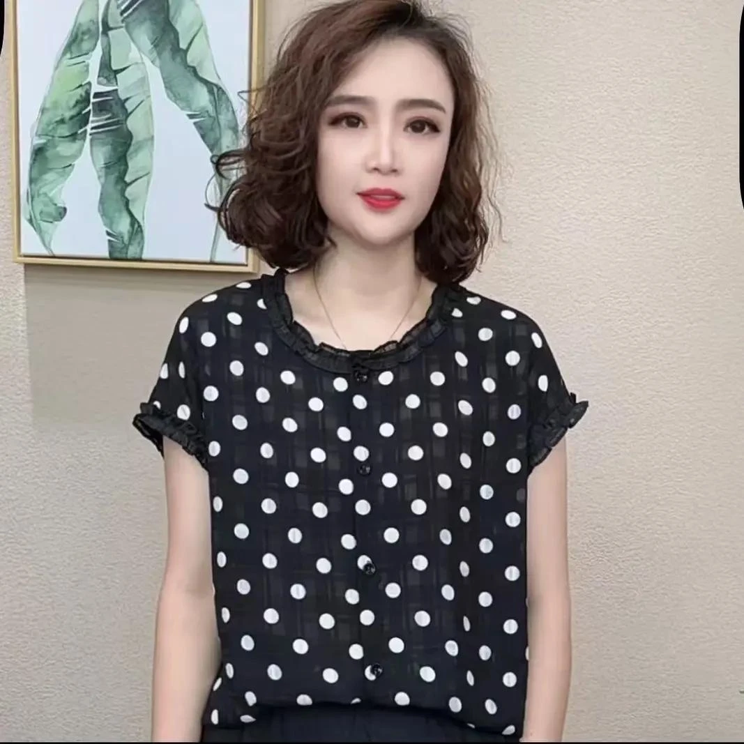 气质花边圆领波点显瘦T恤2025新款洋气减龄妈妈装落肩袖薄款短袖