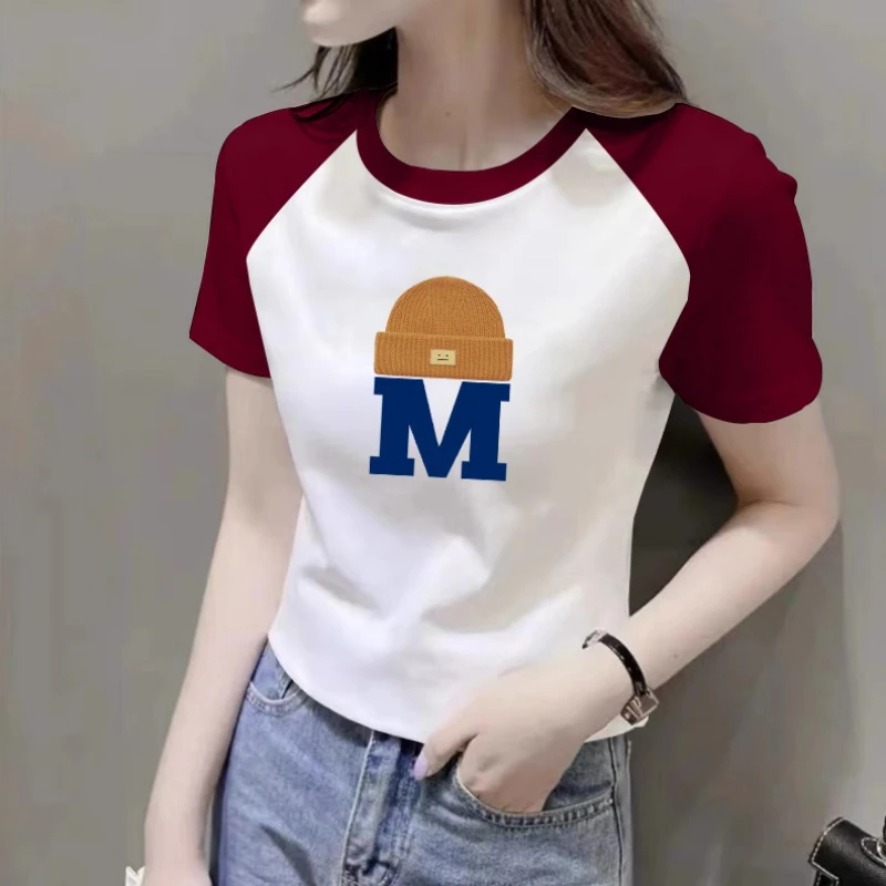 正肩短袖t恤女装夏季洋气印花体恤修身显瘦半袖撞色拼接插肩上衣