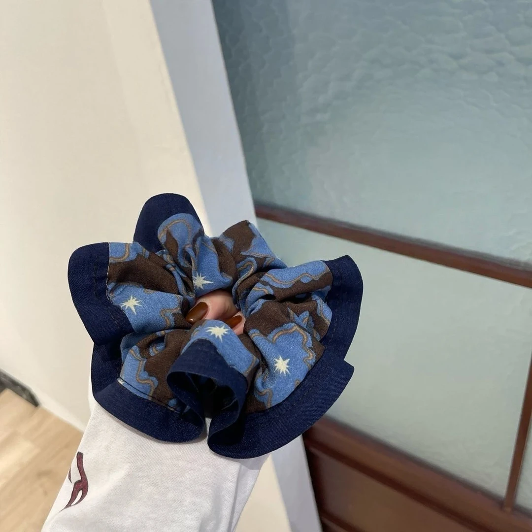 新款时尚撞色复古蓝色原创印花大肠发圈高级轻奢秋冬韩系发绳发饰