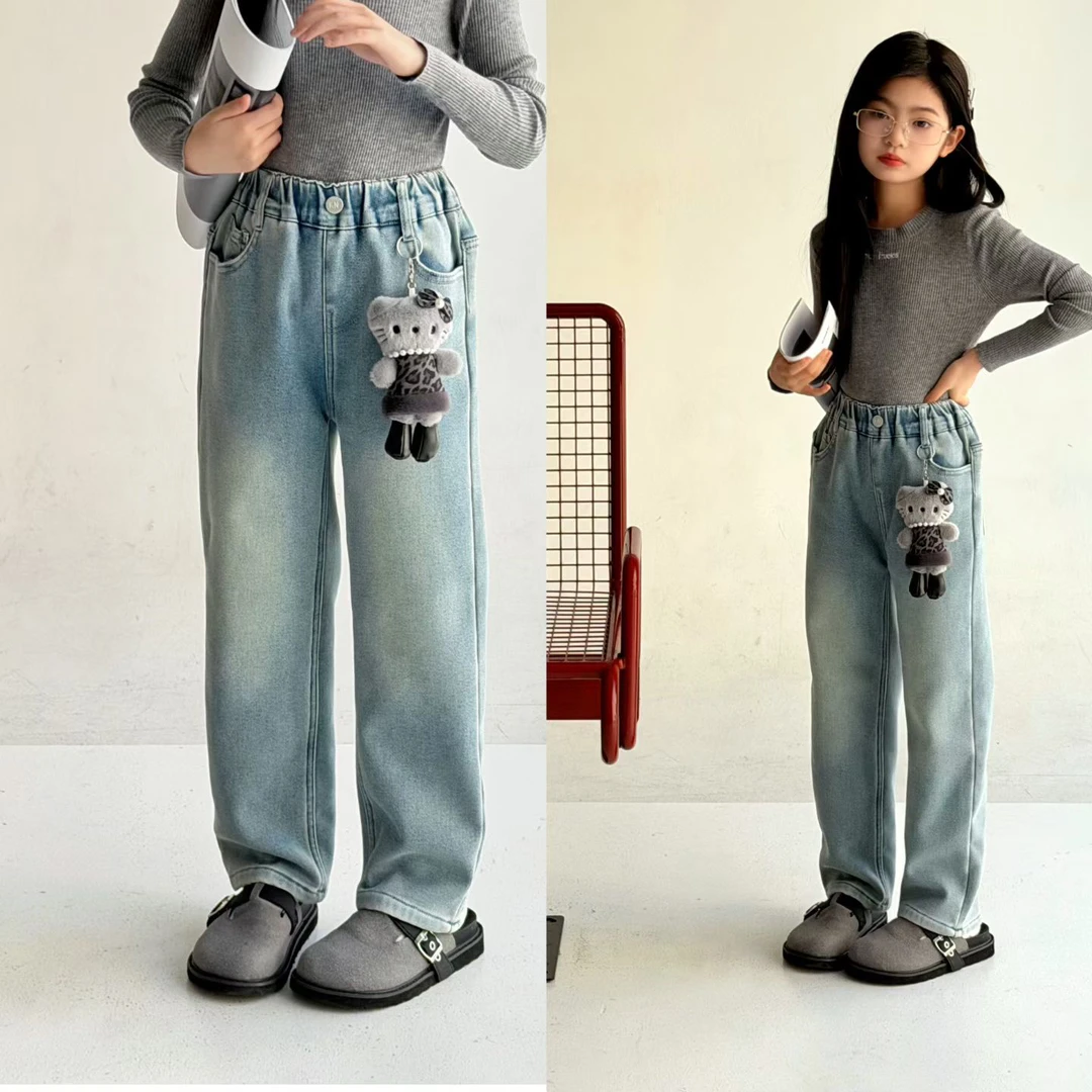 【原创设计品牌】kn&kids 052冬季女中大童加绒牛仔裤韩版潮流直筒