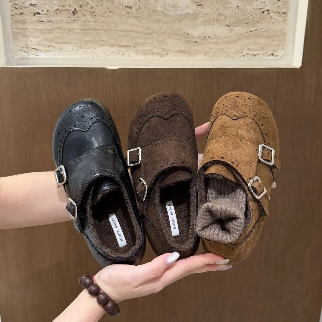 布洛克雕花复古内增高加绒毛毛鞋乐福鞋女百搭英伦风雕花小皮鞋