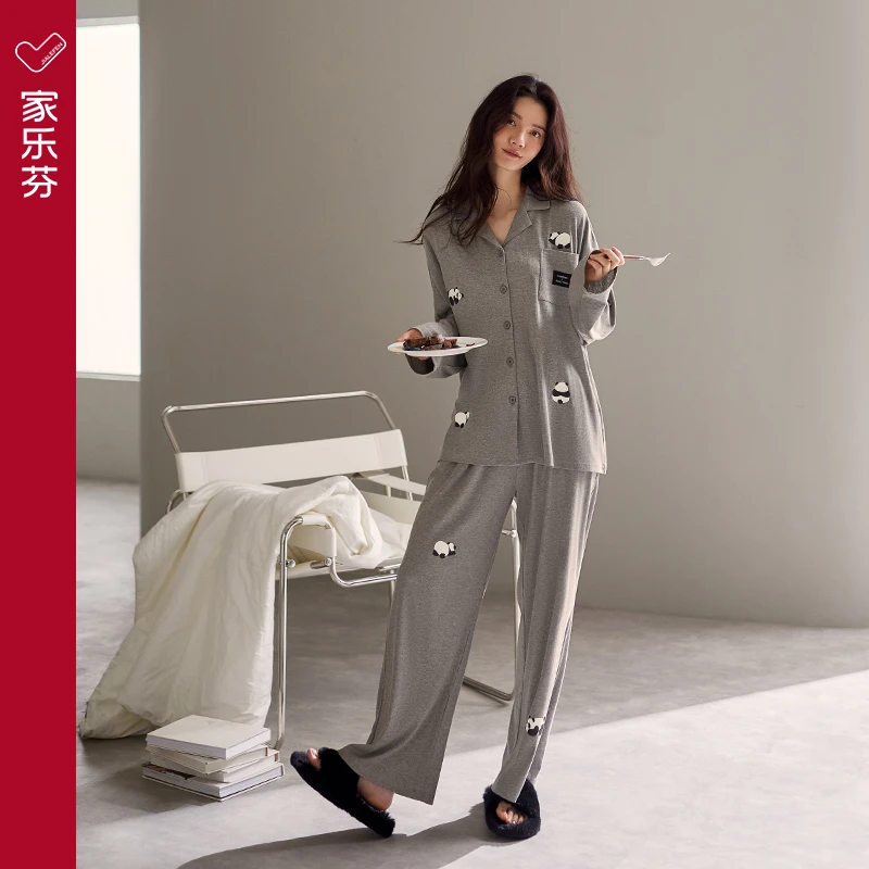 家乐芬睡衣女春秋款秋季长袖莫代尔家居服熊猫慵懒休闲套装可外穿