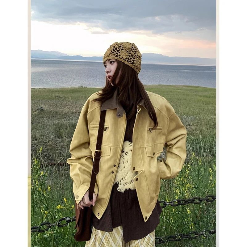 美式复古巴恩风pu皮衣外套女秋季新款拉链设计休闲宽松夹克上衣潮