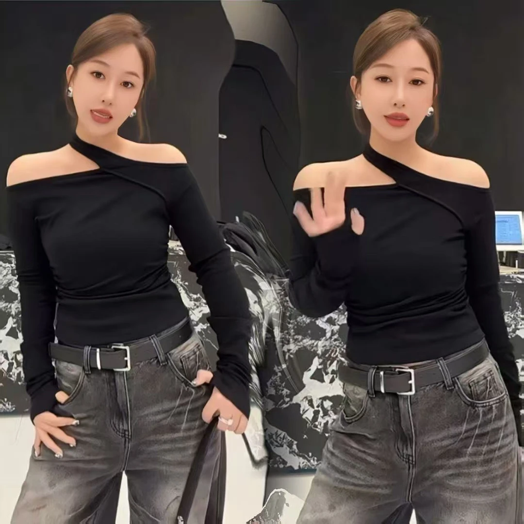 秋季挂脖斜肩短款别致小上衣女设计感小众性感露肩长袖t恤打底衫