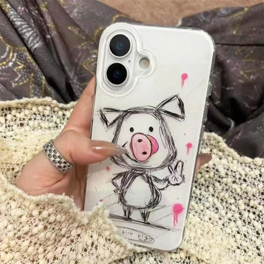 素描比耶小猪鼻涕适用iPhone16大孔15苹果手机壳华为oppo小米vivo