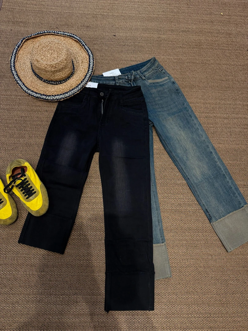 李豆儿 福利款 翻边直筒瘦腿牛仔裤