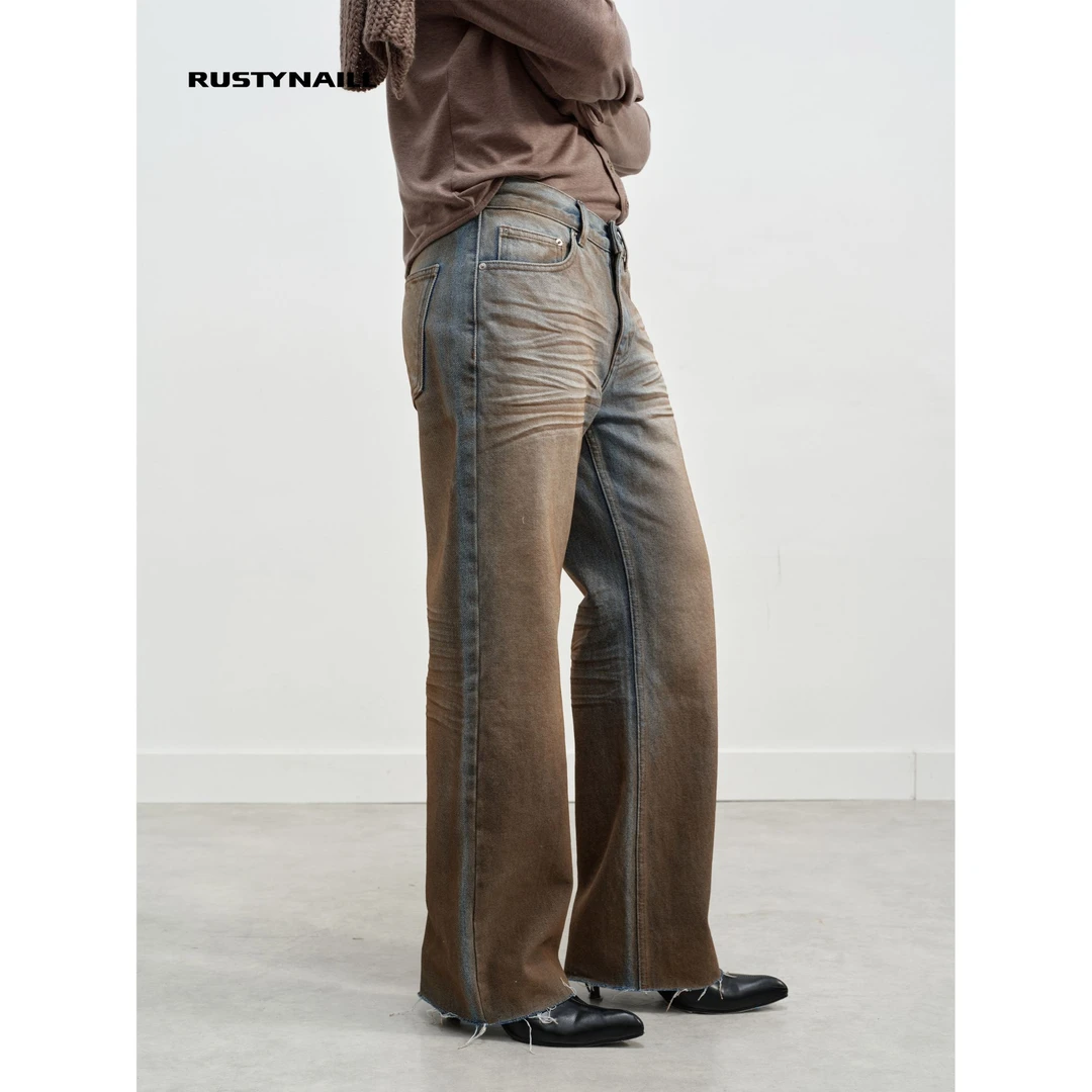 RustyNaill手工渐变色做脏做旧立体压皱猫须宽松直筒水洗牛仔裤女
