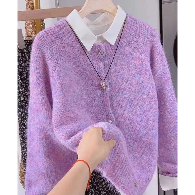 紫色高级感软糯慵懒毛衣女春秋季新款洋气百搭温柔风针织开衫外套