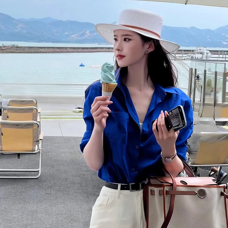 克莱因蓝色衬衫上衣外套女夏季2025新款夏季长袖衬衣法式气质宽松