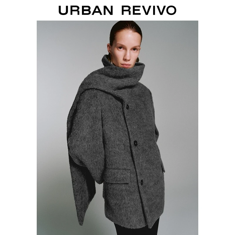 UR2025冬季新款女装气质高智感格雷系围巾领外套UWJ150106