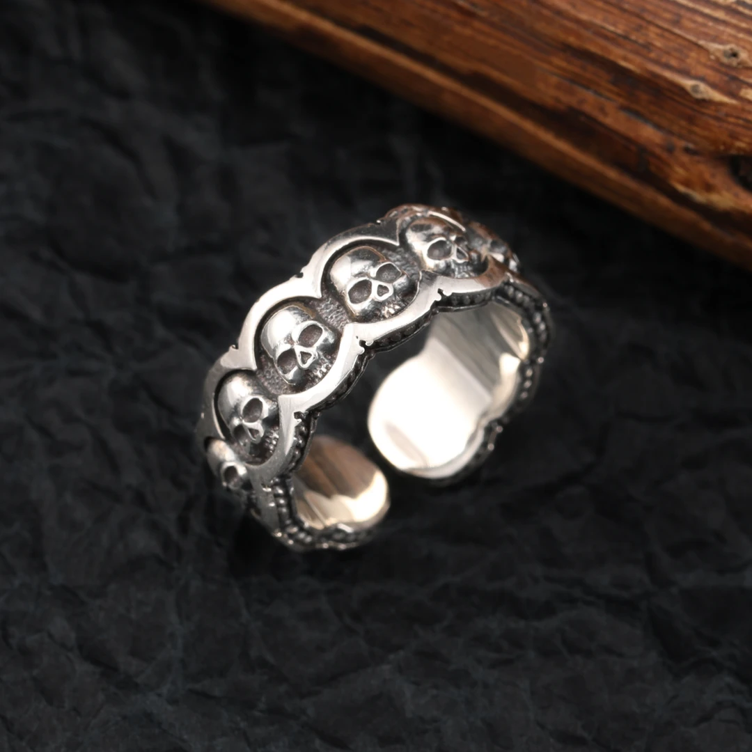 925银戒指 骷髅头银戒指男女新款朋克个性潮流复古做旧开口食指戒