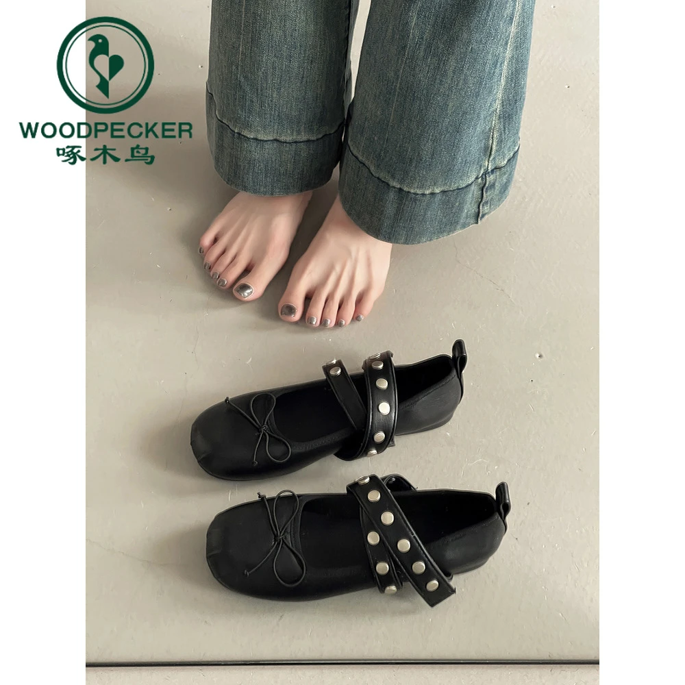 啄木鸟时尚复古铆钉蝴蝶结玛丽珍鞋女2025秋季款单鞋芭蕾舞鞋单鞋